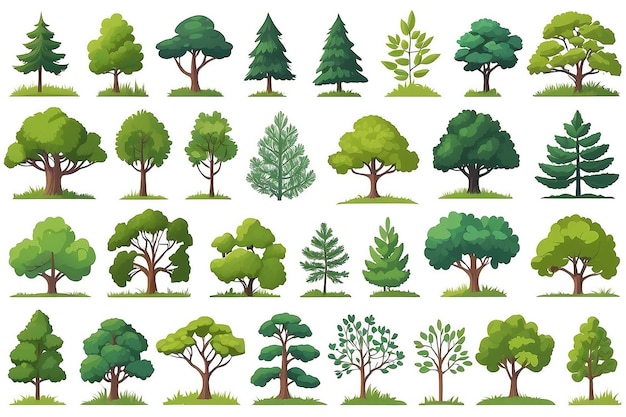 Conjunto de colecções de árvores de floresta decíduas e perenes em desenho vetorial plano isoladas em fundo branco