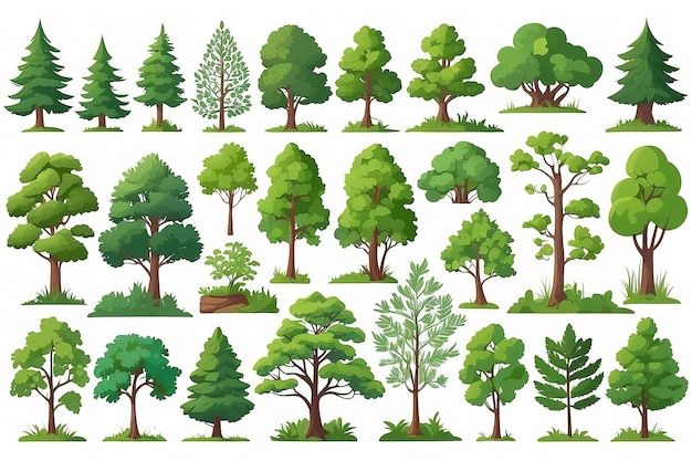 Conjunto de colecções de árvores de floresta decíduas e perenes em desenho vetorial plano isoladas em fundo branco