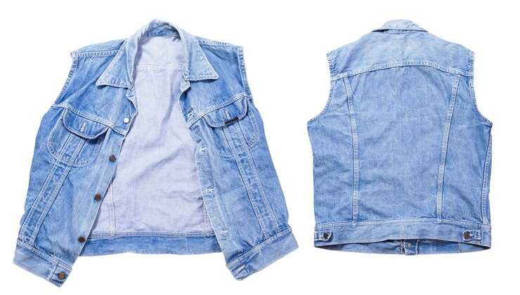 Foto conjunto de coletes de denim conjunto de colete de jeans colete de frente para trás vista colete dobrado isolado em fundo branco espaço de cópia