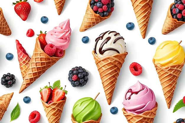 Conjunto de colheres de sorvete de diferentes cores e sabores com decoração de bagas, nozes e frutas isoladas em fundo branco