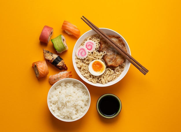 Conjunto de comida tradicional japonesa: sopa quente de ramen, arroz branco cozido, sushi, rolos de peixe em fundo laranja brilhante. Pratos da culinária japonesa, de cima, jantar ou almoço estilo asiático