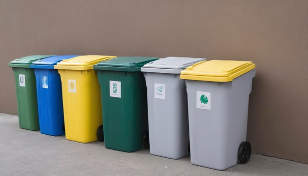 Conjunto de contentores de plástico verde amarelo e azul latas de lixo de cores diferentes para General Compostable