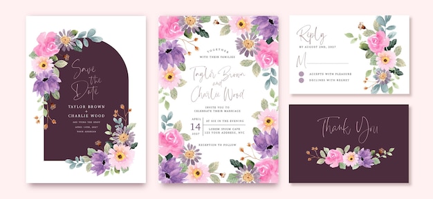 Conjunto de convites de casamento com moldura de aquarela floral rosa roxa