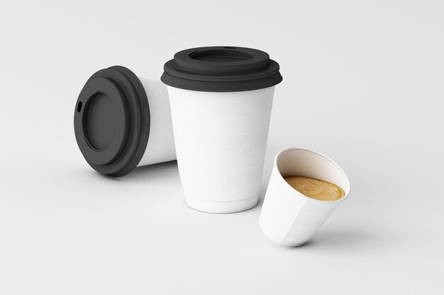 Conjunto de copos de café brancos em fundo branco renderização 3D