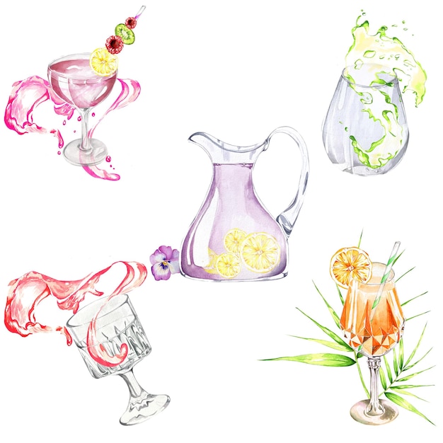 Conjunto de coquetéis bebidas brilhantes de verão em copos Ilustração em aquarela para sites de cartões postais de banners