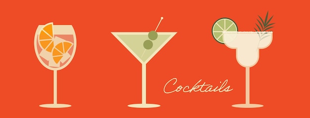 Conjunto de coquetéis em copos de vinho margarita e martini