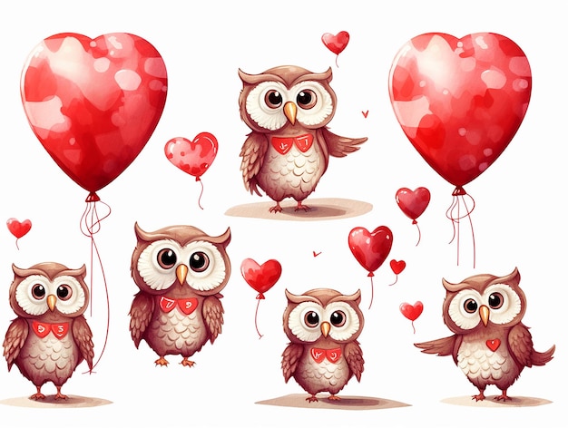 Conjunto de coruja bonita flutuando com amor ilustração vetorial de estilo de design plano para o Dia dos Namorados