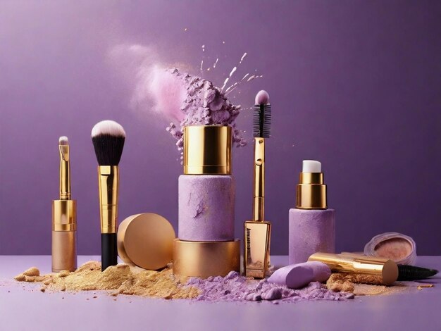 Conjunto de cosméticos decorativos com salpicaduras em fundo roxo em close-up