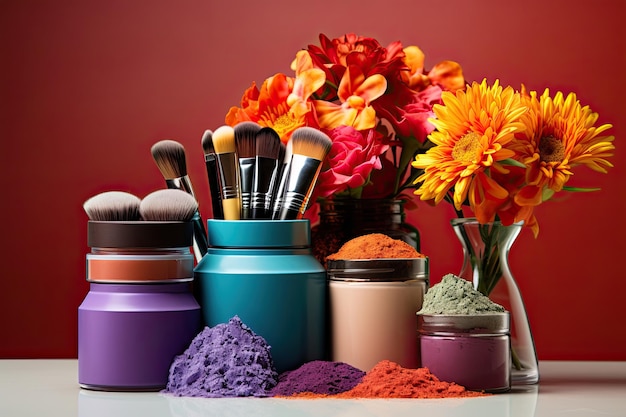 Foto conjunto de cosméticos decorativos em fundo colorido