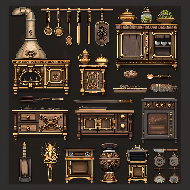 Conjunto de cozinhas reais ao ar livre 8 Bit Pixel com esculturas detalhadas um jogo Asset Design Concept Art