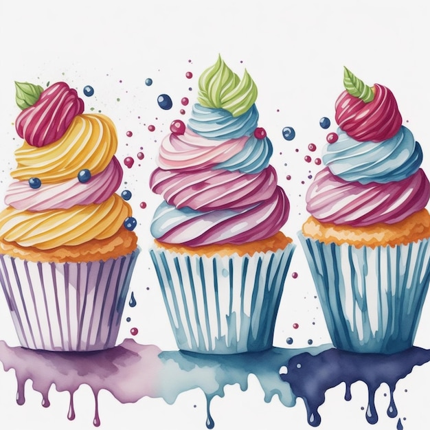 Conjunto de cupcakes aquarela coloridos, papel de parede de fundo, arte de impressão linda desenhada à mão, cores vibrantes