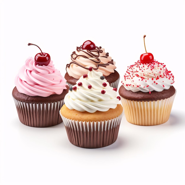 Conjunto de cupcakes coloridos e saborosos em fundo branco