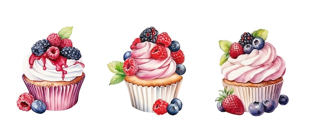 Conjunto de cupcakes de verão em aquarela com frutas frescas isoladas no fundo branco