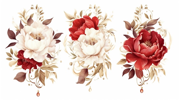 Conjunto de delicadas peônias vermelhas e brancas e ilustração aquarela de molduras douradas