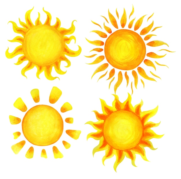 conjunto de desenho animado aquarela sol ilustração infantil de um sol desenhado à mão isolado em um branco