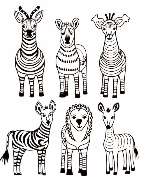 Conjunto de desenho animado zebra elefante burro zebra lebre e girafa