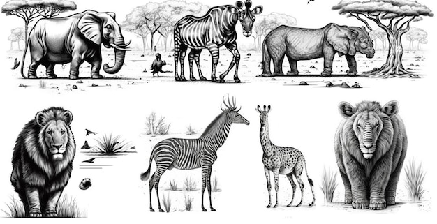 Conjunto de desenho preto e branco desenhado à mão de animais selvagens da África Savanna Jungle Chacal fox Gorilla chimpanzé Hyena leão girafa zebra
