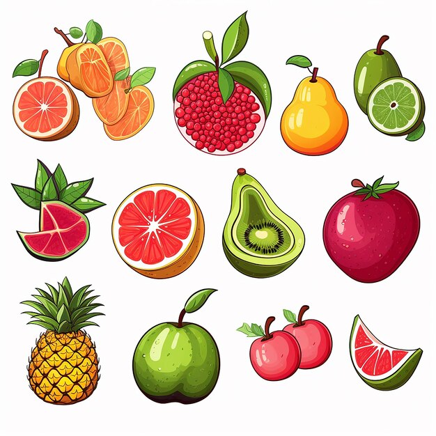 Foto conjunto de desenhos animados de frutas tropicais