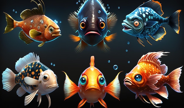 Conjunto de desenhos animados de personagens de aquário de peixes bonitos animais subaquáticos