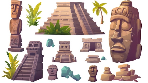 Foto conjunto de desenhos animados modernos de marcos sul-americanos chichen itza e templos de kukulkan em fundo branco com antigas pirâmides maias e moais