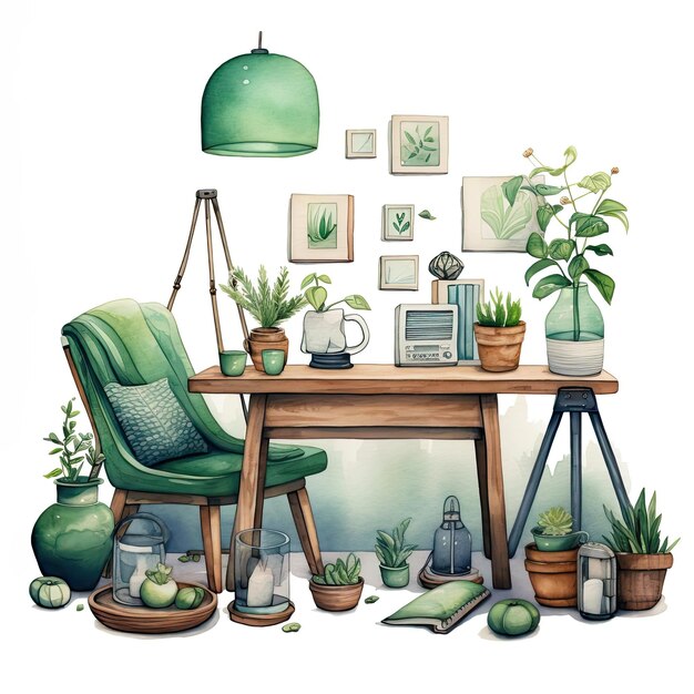 conjunto de design de casa de aquarela pintada de hygge e verde, incluindo uma mesa e cadeiras de madeira