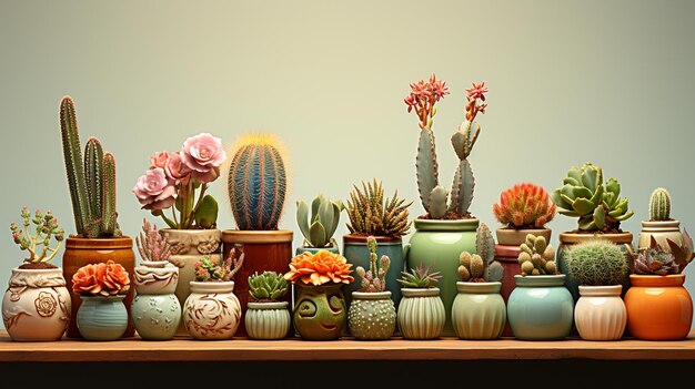 Foto conjunto de diferentes cactos decorativos em vasos na prateleira