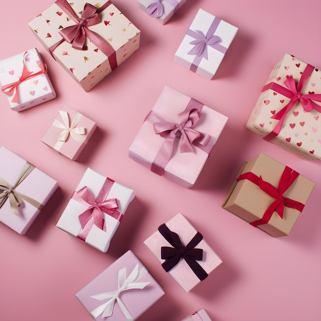 Conjunto de diferentes caixas de presentes no cartão-presente de fundo rosa pastel Bandeira de conceito de presente ou feriado