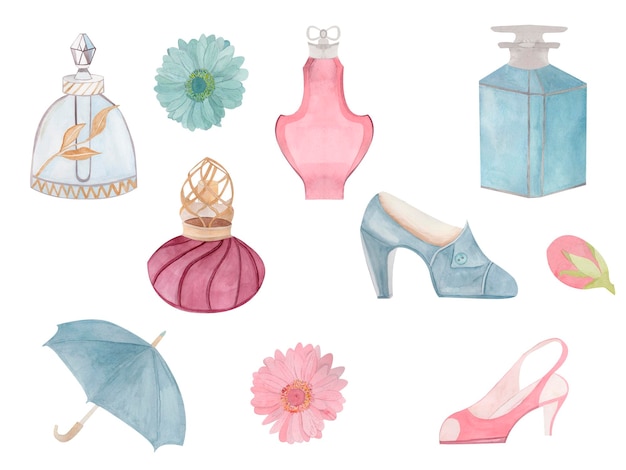 Conjunto de diferentes garrafas de vidro de perfume rosa e azul sapatos e flores guarda-chuva Ilustração de aquarela desenhada à mão isolada em fundo branco Útil para cartazes impressões de cartões postais