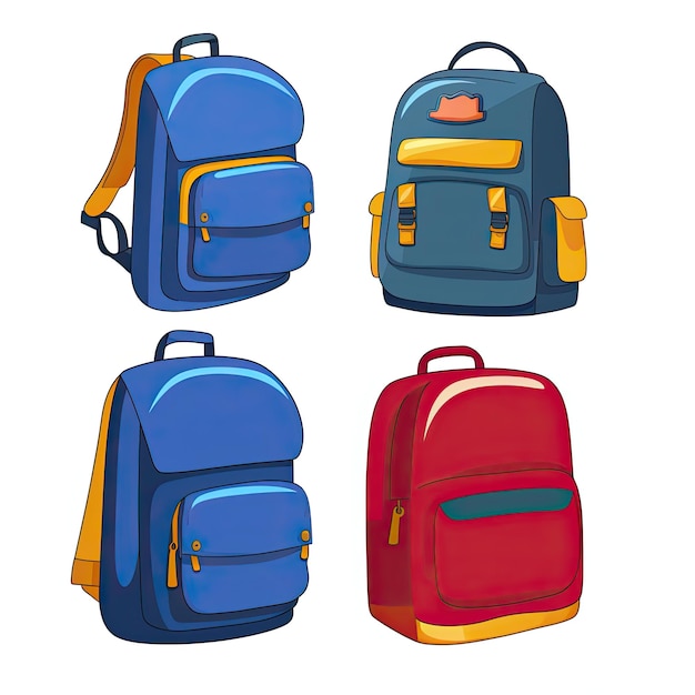 Conjunto de diferentes mochilas escolares em ilustração vetorial de estilo cartoon