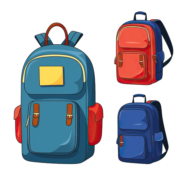 Conjunto de diferentes mochilas escolares em ilustração vetorial de estilo cartoon