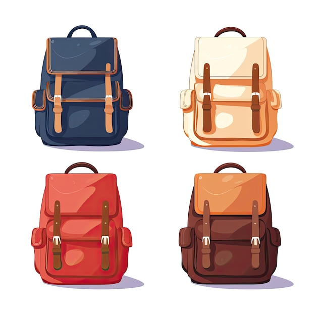 Conjunto de diferentes mochilas escolares isoladas em ilustração vetorial de fundo branco
