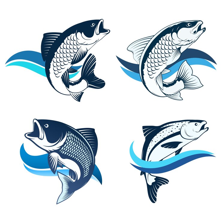 Foto conjunto de diferentes peixes na onda para pesca e frutos do mar