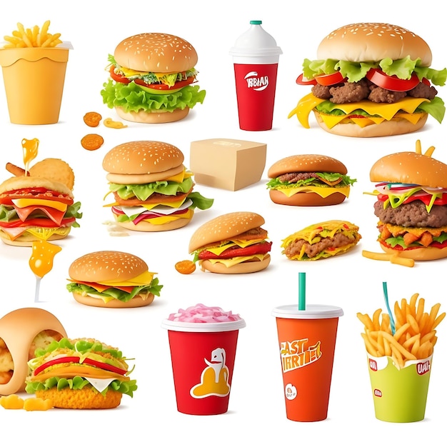 Foto conjunto de diferentes produtos de fast-food em fundo branco