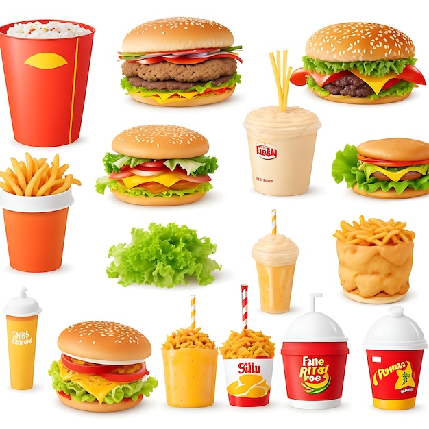 Foto conjunto de diferentes produtos de fast-food em fundo branco