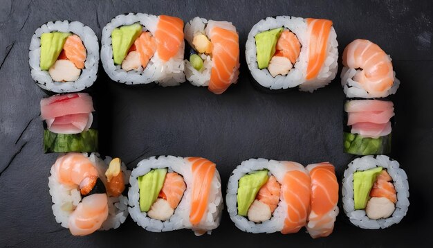 Conjunto de diferentes rolos de sushi com salmão, frango, camarão e vegetais em fundo rústico preto