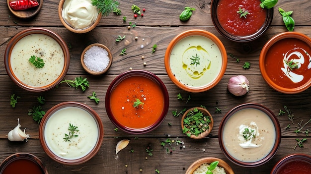 conjunto de diferentes sopas coloridas em tigelas em fundo de madeira