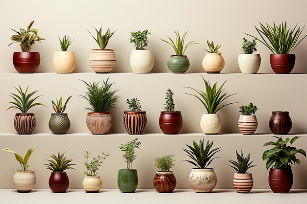 conjunto de diferentes vasos de plantas em plano de fundo bege