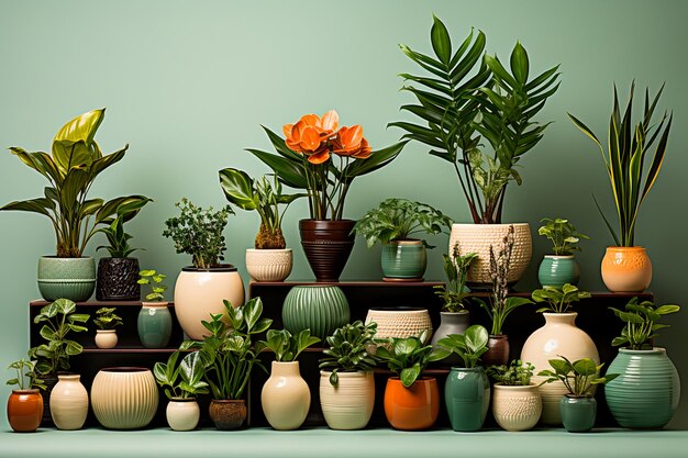 conjunto de diferentes vasos de plantas em plano de fundo bege