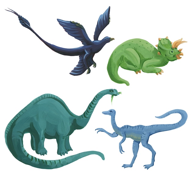 Foto conjunto de dinossauros em aquarela de desenhos animados isolado no branco. bonito mão desenhada ilustração acrílica de dinossauros.