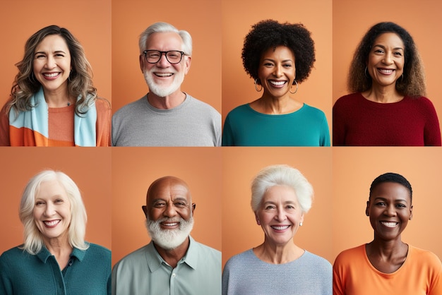 Foto conjunto de diversidade idosos adultos aposentados pessoas enfrentam expressão grupo multirracial de feliz positivo
