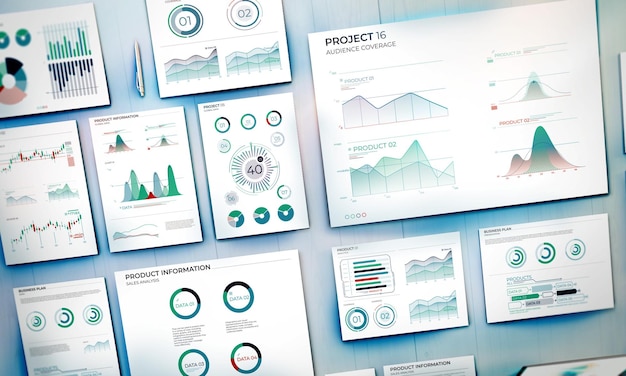 Conjunto de documentos com infográficos empresariais na secretária