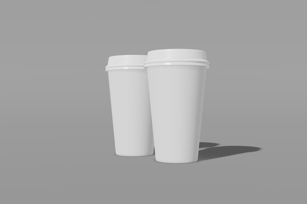 Conjunto de dois copos de maquete de papel branco com uma tampa sobre um fundo cinza. Renderização em 3D