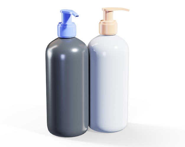 Conjunto de dois frascos de produtos de cuidado 3D render maquete dispensador de loção plástica bege e frasco de shampoo isolado em fundo branco modelo pronto de design de embalagens cosméticas