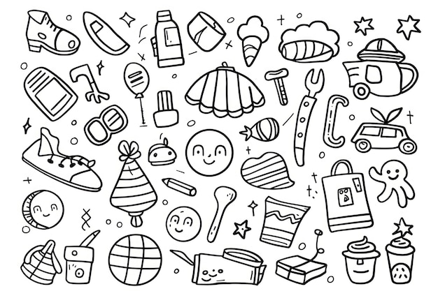 Conjunto de Doodle de objetos da vida de uma criança em branco e preto