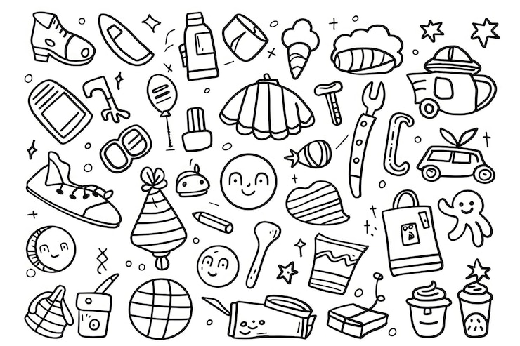 Foto conjunto de doodle de objetos da vida de uma criança em branco e preto
