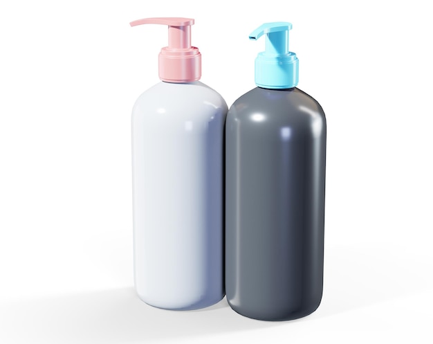 Conjunto de duas garrafas de produtos de cuidados 3D render mockup dispensador de loção de plástico bege e garrafa de shampoo isolado em fundo branco projeto de embalagem cosmética modelo pronto