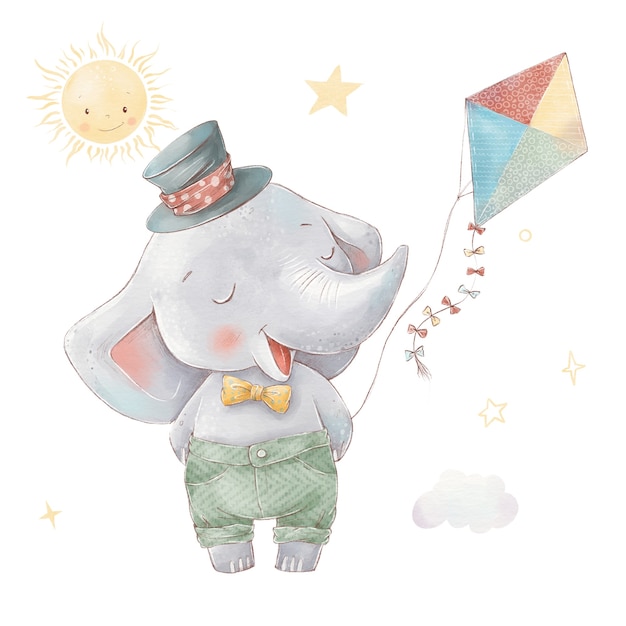 Conjunto de elefante bonito dos desenhos animados em um balão de ar quente. Ilustração em aquarela.