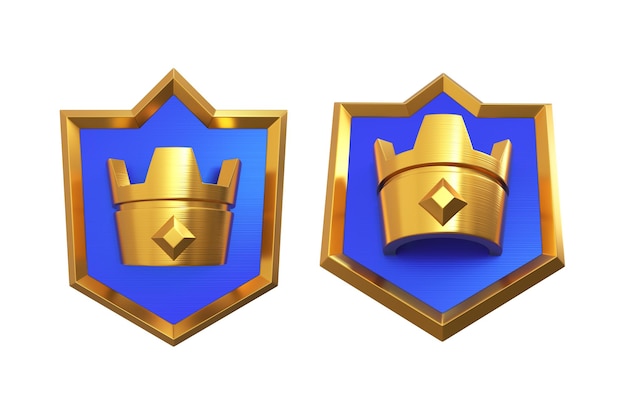 Conjunto de elementos 3d Blue Shield com uma coroa em um ângulo de fundo branco da frente e abaixo da renderização 3d