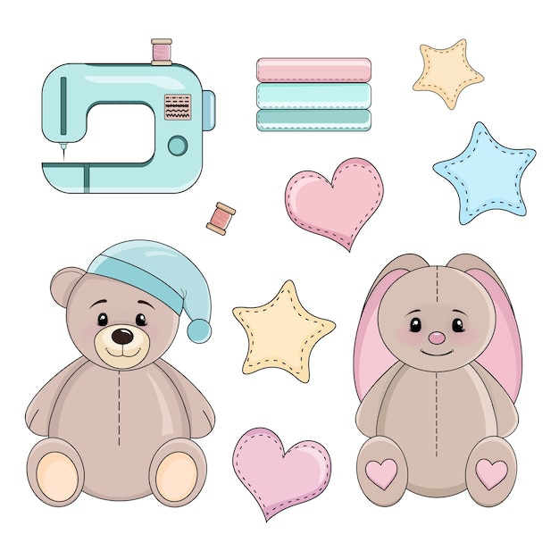 Conjunto de elementos de costura e brinquedos costurados, clipart de máquina de costura, ilustração de estoque desenhada à mão