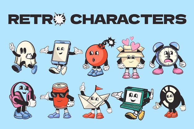 Conjunto de elementos de design de personagens retrô